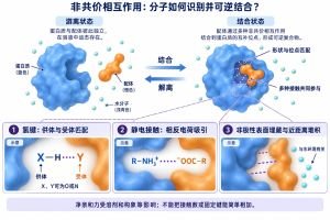 分子识别常依赖形状与相互作用位点的匹配。蛋白质与配体结合时，氢键、静电接触及近距离堆积可共同参与稳定复合物，非极性表面的埋藏还与水环境有关；这些作用并不意味着形成新的共价连接。结合与解离是动态过程，净亲和力受溶剂、构象变化和条件影响，不能由接触数或固定键能简单相加判断。