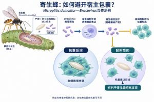 以Microplitis demolitor寄生蜂及其Bracovirus为例，解释内寄生蜂与宿主血细胞的互作：产卵时随卵进入宿主的病毒颗粒，在宿主细胞中表达寄生相关因子，干扰血细胞黏附及包囊形成，从而有利于后代发育。下方对照为免疫包囊与黏附受抑两种状态。该机制仅为特定寄生蜂—宿主系统的示例，并非所有寄生昆虫共有。