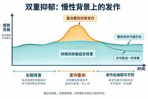 “双重抑郁”的病程概念示意：在持续存在的抑郁症状背景上叠加重性抑郁发作；发作缓解后，慢性症状可能仍然存在，也可能进一步改善。图为概念性病程，曲线不对应量表分值或诊断阈值，个体病程可不同。