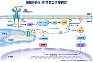 B细胞受体的代表性信号机制：抗原刺激后，Igα/Igβ的ITAM磷酸化及Syk激活促成BLNK（亦称SLP-65）、BTK与PLCγ2信号复合体；PLCγ2水解膜内侧PIP₂产生可溶性IP₃和膜结合DAG，分别连接Ca²⁺—钙调磷酸酶—NFAT及PKCβ—NF-κB信号。图中省略部分中间因子和交叉调控，细胞结局还取决于共刺激与发育状态。