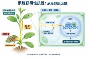 系统获得性抗性的代表性机制：局部感染诱导包括N-羟基哌啶酸（NHP）在内的移动信号及系统性放大，远端组织通过水杨酸相关信号、NPR1与TGA转录因子调控防御基因，并形成防御预备状态。以拟南芥研究为例，移动信号并非单一分子，抗性效果随植物及病原条件而变化。