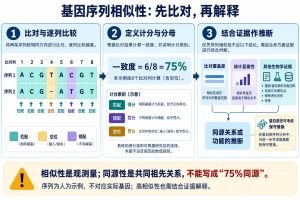序列相似性分析从比对开始：匹配、错配和空位按所选规则计分，一致度需要明确分母。图中8列人为示例含6个匹配位点，按全部比对列计算为75%；这不是实际基因结果。共同祖先及功能关系仍需结合统计显著性、覆盖度和其他证据推断。