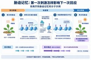 拟南芥热胁迫记忆的一种分子框架：首次刺激诱导部分记忆相关基因；恢复期内，这些位点可保留H3K4甲基化等染色质变化，再次热胁迫时出现不同于首次的转录响应。图示同一个体的条件性记忆，不表示全部基因、所有胁迫或必然跨代遗传。