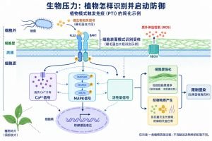 植物应对生物压力的一种模式识别机制：细胞表面受体识别微生物相关信号，触发钙信号、MAPK及活性氧等相互协调的反应，促进防御基因表达和细胞壁强化。图为植物模式触发免疫的简化示例，不能代表所有生物胁迫或保证完全阻止侵染。