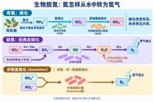 生物脱氮的代表性转化路径：硝化在有氧条件下将铵态氮转为亚硝态氮和硝态氮，本身未将氮移出水体；经典反硝化在缺氧条件下逐步产生氮气。厌氧氨氧化是另一条由铵和亚硝酸盐形成氮气的途径。图省略中间代谢和生物量生成，不表示精确反应配比或工艺参数。