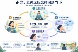 正念注意调控的概念过程：注意停留于当下经验，走神后觉察到变化，以不评判、开放的态度重新回到当下。图示心理过程，不表示已证实的单一脑通路，也不承诺临床疗效。