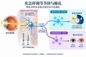 哺乳动物非成像光感受的两条代表性通路：视网膜内在光敏神经节细胞（ipRGCs）可通过黑视素直接响应光，也接收视杆、视锥相关输入；不同细胞群的投射经视交叉上核或橄榄顶盖前核等环路，参与昼夜节律同步与瞳孔对光反射。图为简化环路，不涉及具体光照治疗。