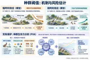 强、弱阿利效应的区别与种群阈值估计：强阿利效应模型在低于临界密度时可出现负的人均增长率，弱阿利效应则可能降低增长率而仍保持正值。实际保护中的最小可存活种群需结合物种数据、环境随机性、时间范围及可接受风险估计，不存在通用的安全数量。