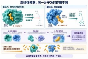 选择性抑制的概念示意：同一抑制剂与不同靶标结合口袋的结构和相互作用匹配程度不同，因而抑制效应有差异。选择性是相对的，并受浓度、构象和细胞环境影响；图不对应具体药物、精确结构或临床疗效。
