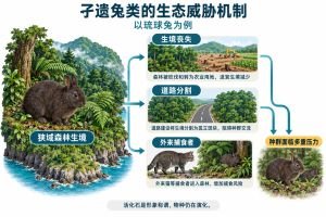 以琉球兔为例的生态威胁机制示意：狭域森林生境中的种群可受到生境丧失、道路分割和外来捕食者等压力影响。“活化石”是形象称谓，不表示物种停止演化；图示不代表其他兔类均有相同生态特征。