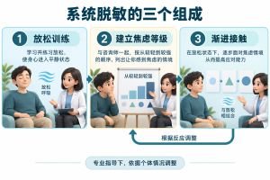 系统脱敏的基本组成示意：在专业指导下进行放松训练，共同建立焦虑等级，并将放松与循序渐进的刺激接触相结合。图示解释方法概念，不提供个人治疗方案。