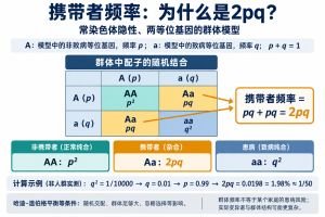 常染色体隐性、两等位基因模型下的携带者频率：在哈迪–温伯格平衡等条件成立时，A和a的频率分别为p和q，随机结合形成AA（p²）、Aa（2pq）和aa（q²）。示例q²=1/10000时，q=0.01、p=0.99，携带者频率为1.98%，约1/50。这里计算的是群体频率，不能直接代替某个家庭的患病风险；真实致病变异谱与人群结构可能更复杂。