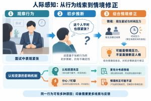 印象形成可用“观察行为—形成初步推断—结合情境修正”来理解。例如，面试中的紧张表现可能与当时压力有关，不能直接等同于稳定人格。情境校正需要认知资源，分心或忙碌时可能不足；此图为概念流程，并非依据外貌诊断人格的方法。