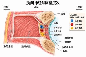 肋间神经位于肋沟内，与肋间动、静脉伴行；三者从上到下依次为静脉、动脉、神经，位于肋间内肌与肋间最内肌之间。壁层胸膜位于更深面，灰色箭头标示上方及浅、深方向。