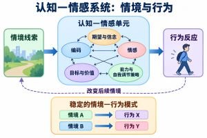 情境线索激活相互作用的认知—情感单元，形成行为反应。下方两条路径表示同一个人在不同情境中的稳定行为模式，虚线表示行为改变后续情境。
