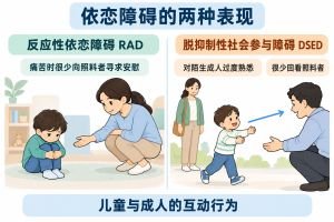 反应性依恋障碍儿童在痛苦时很少向照料者寻求安慰；脱抑制性社会参与障碍儿童可对陌生成人表现得过度熟悉，较少回看照料者。蓝色箭头表示儿童接近陌生成人的方向。